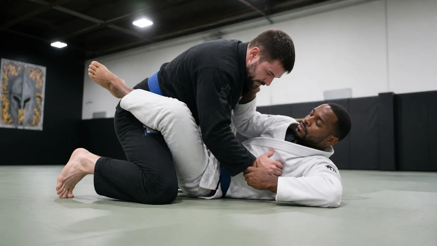 Brazilian Jiu Jitsu partners practicing a guard pass