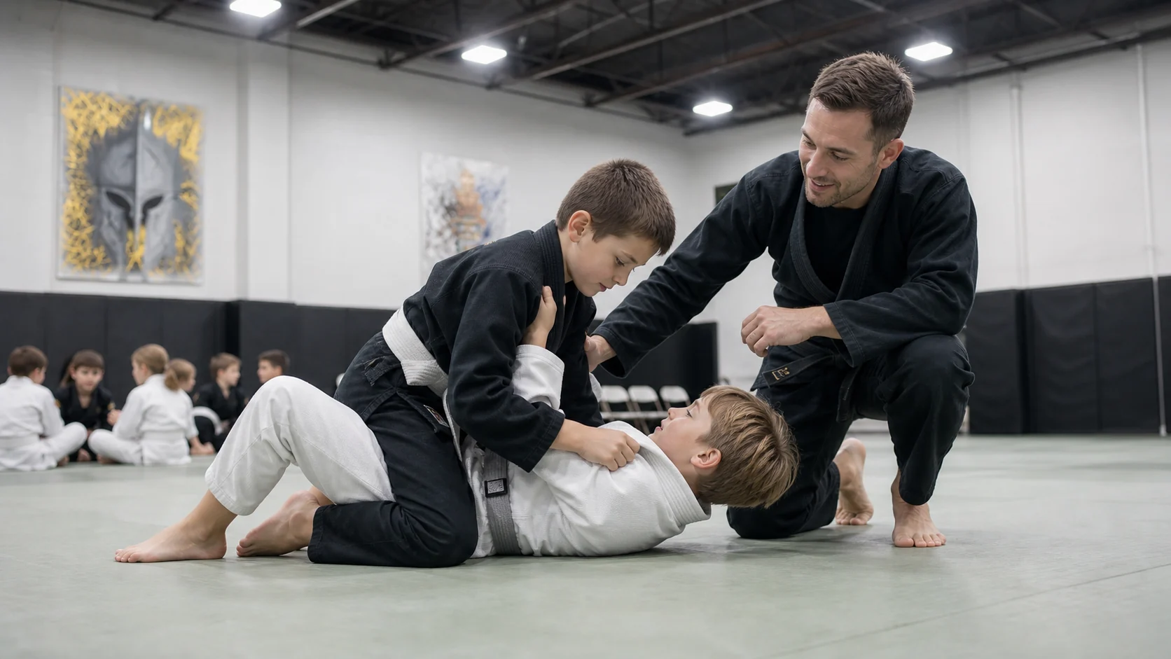 Coach guiding two children through a Jiu Jitsu drill