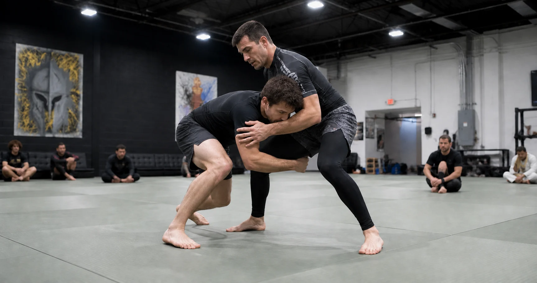 No-Gi Jiu Jitsu partners practicing a takedown entry